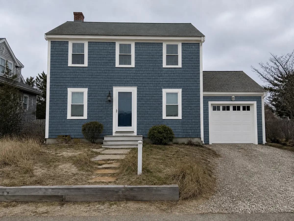 A completed deep-blue North American coastal house exterior option
