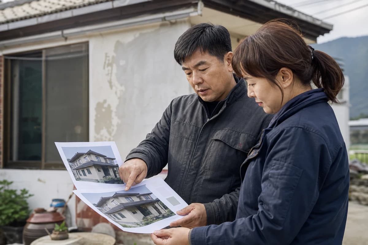 Painting staff reviewing site photos and notes beside a weathered exterior wall