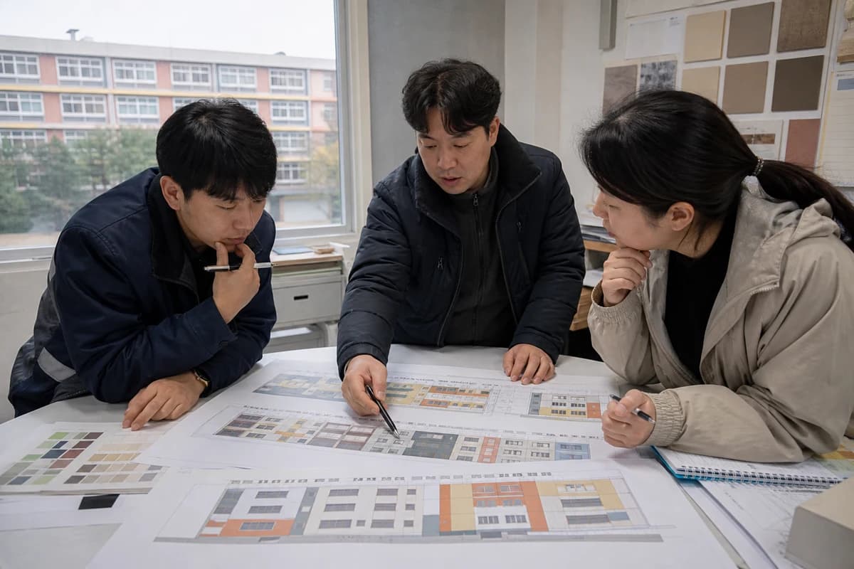 A repaint team reviewing an exterior color elevation and finish schedule